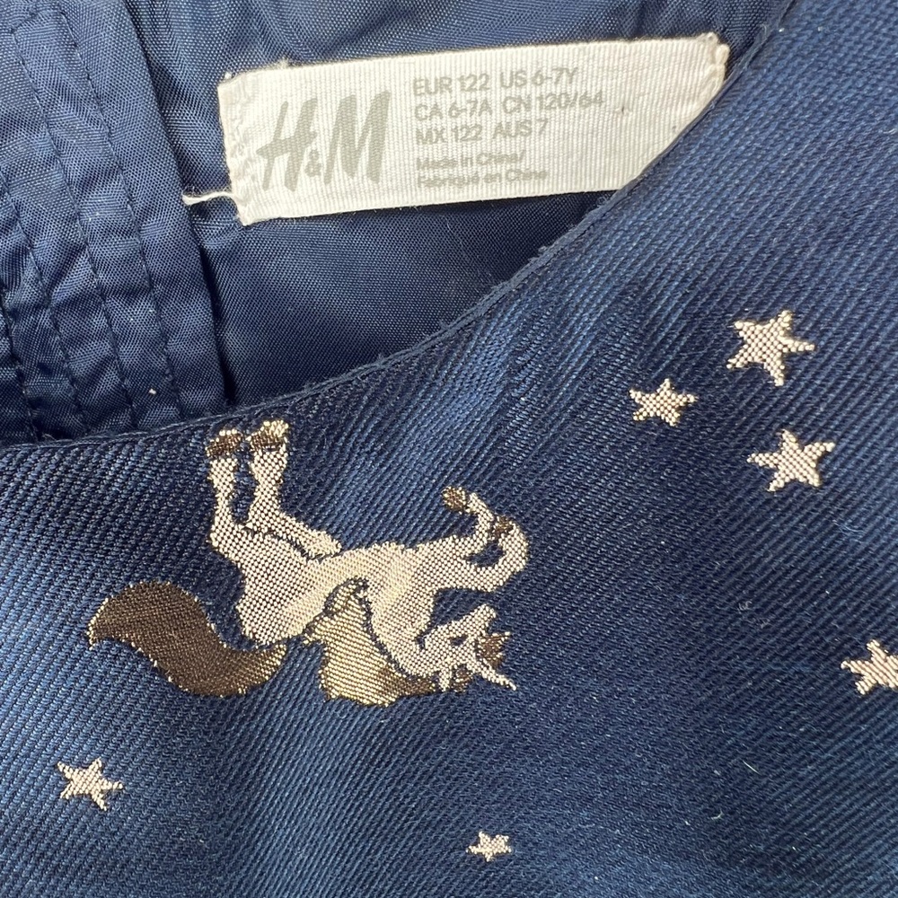 H&M Unicorn gold and navy blue dress - girls SZ 6-7, fluffy bottom.